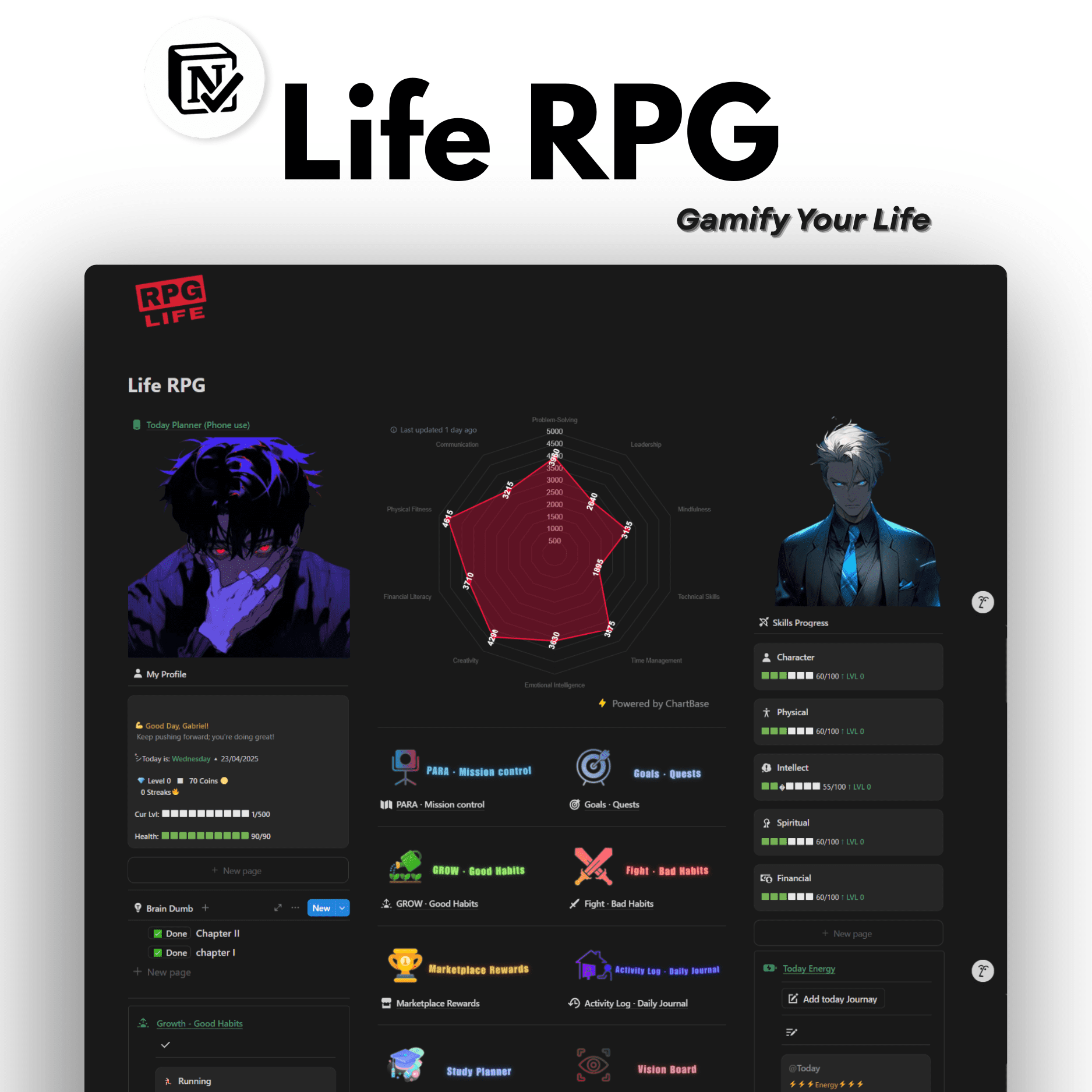 Life RPG Notion Template - Gamify your world get more done, have more fun... Life RPG puts you in control: measure your progress, conquer challenges, and unlock real-world rewards—from premium tool discounts to exclusive lifestyle perks—all while mastering your goals.
