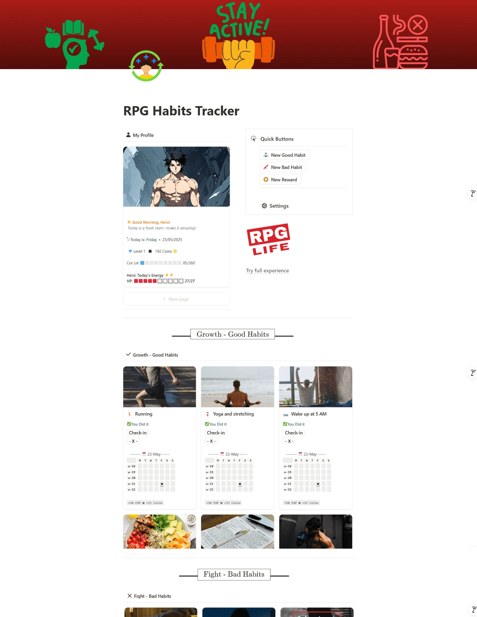 RPG Habits Tracker Dashboard Notion template - Notion Done by RAED