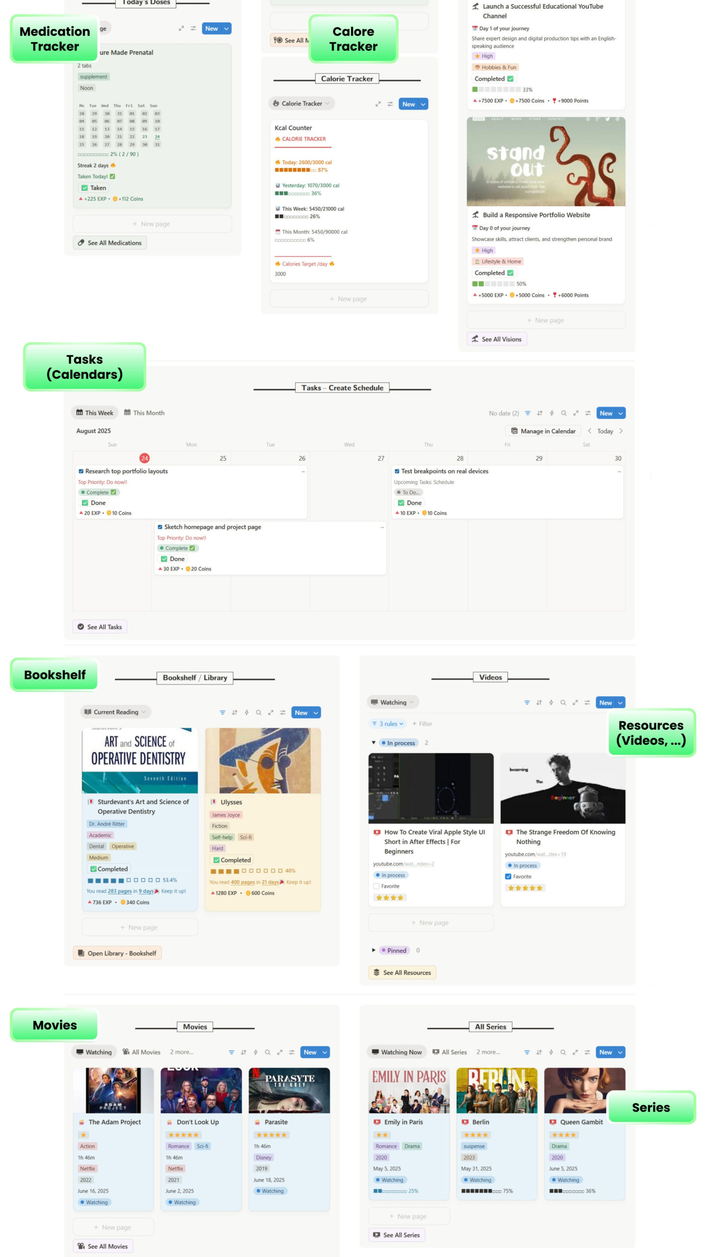 Notion boards for books, videos, and resources in Gamified Life OS reading and learning library