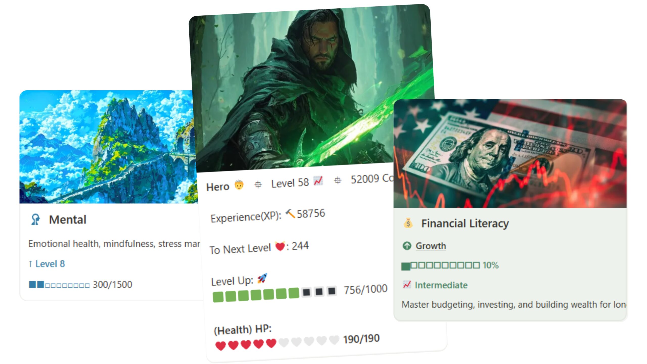 RPG character profile dashboard with skill trees, experience points, level progression bars, and life area statistics in Notion template