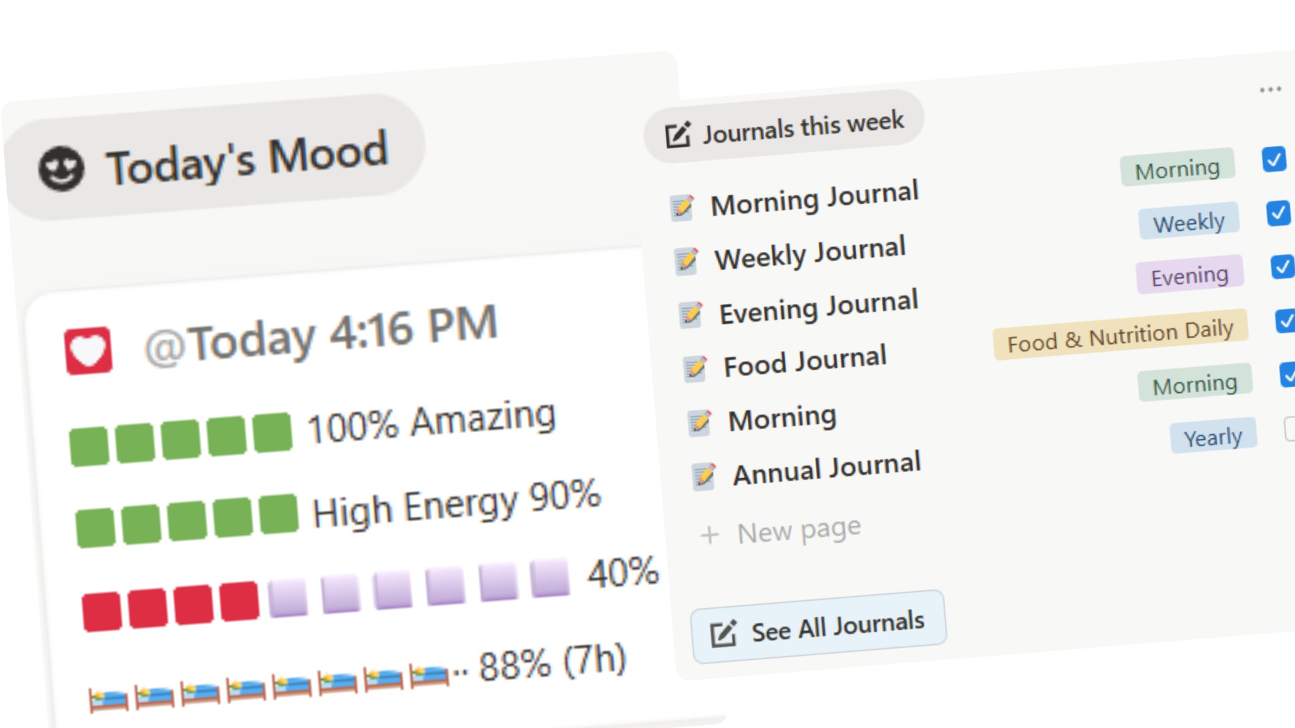 Daily mood tracking interface with percentage bars, journal templates, and weekly reflection tools for Notion productivity system