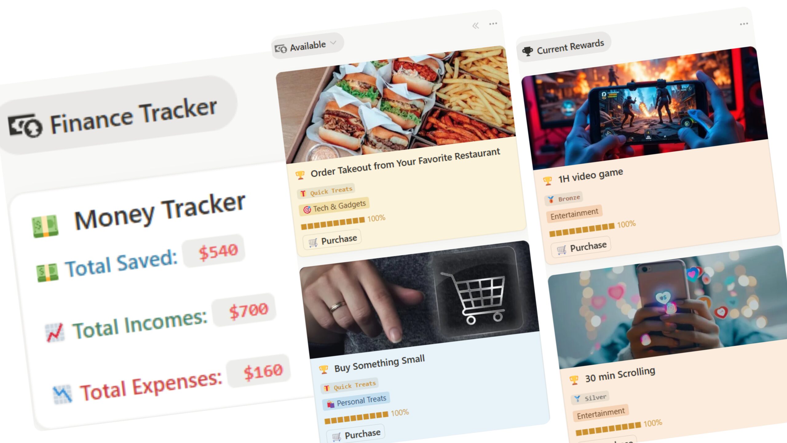 Gamified finance tracker with reward marketplace, money goals, and expense tracking in Notion template dashboard