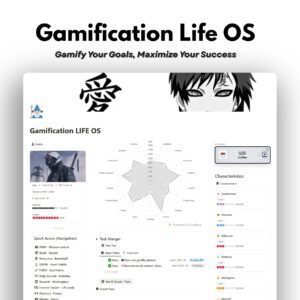 Notion template called "Gamification Life OS" displaying progress bars, badges, and organized task lists for habit tracking and goal achievement.