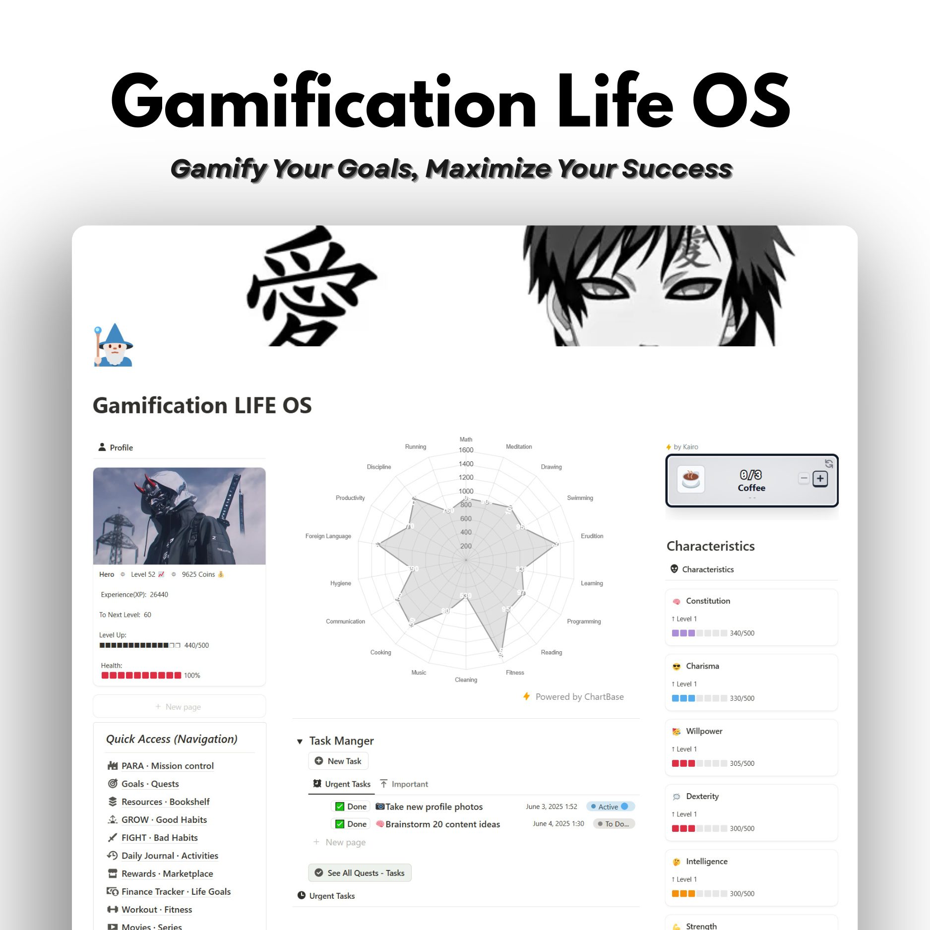 Notion template called "Gamification Life OS" displaying progress bars, badges, and organized task lists for habit tracking and goal achievement.