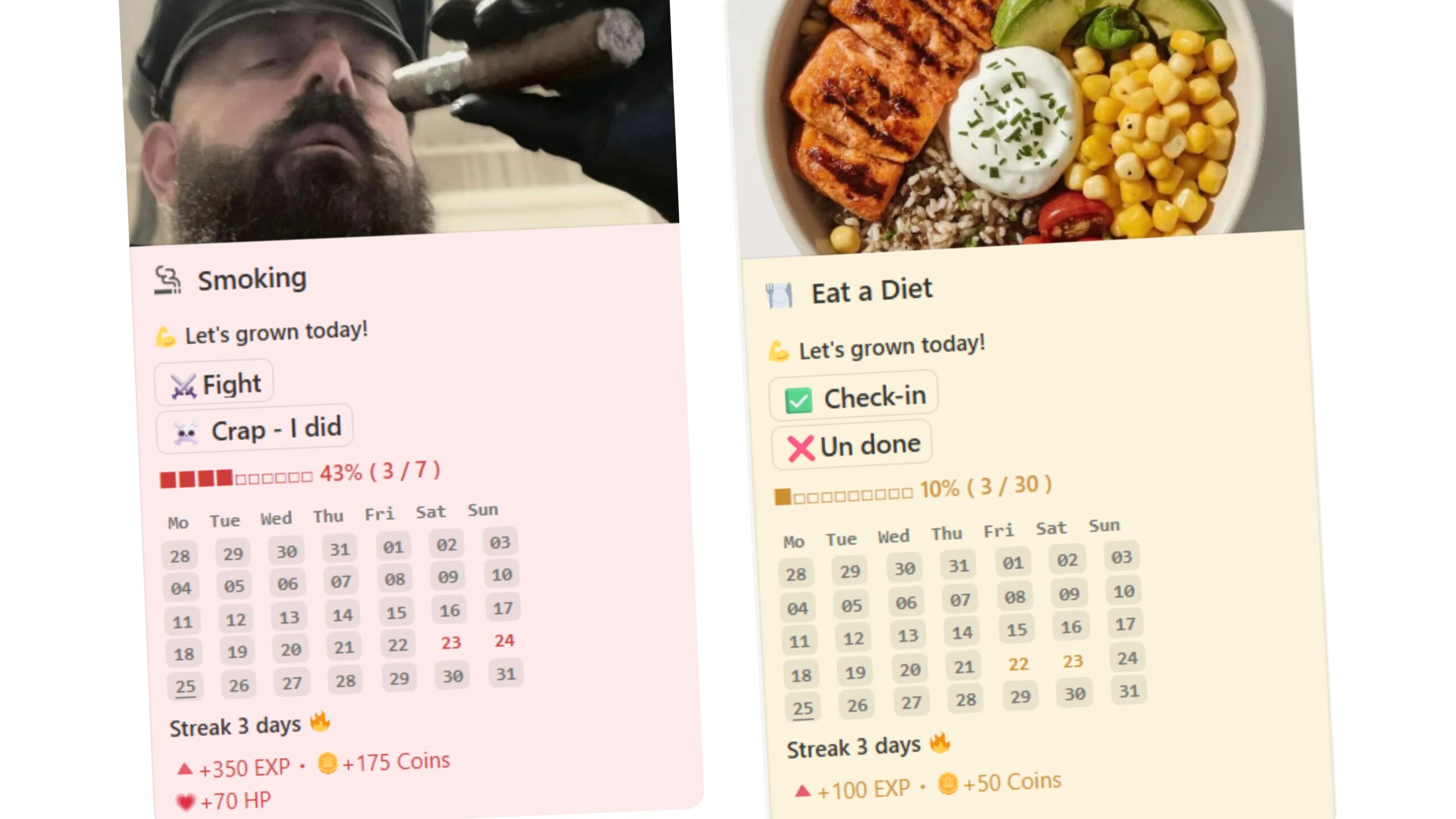 Habit tracker interface showing smoking cessation and diet habits with calendar view, streak counters, and gamified reward system in Notion template