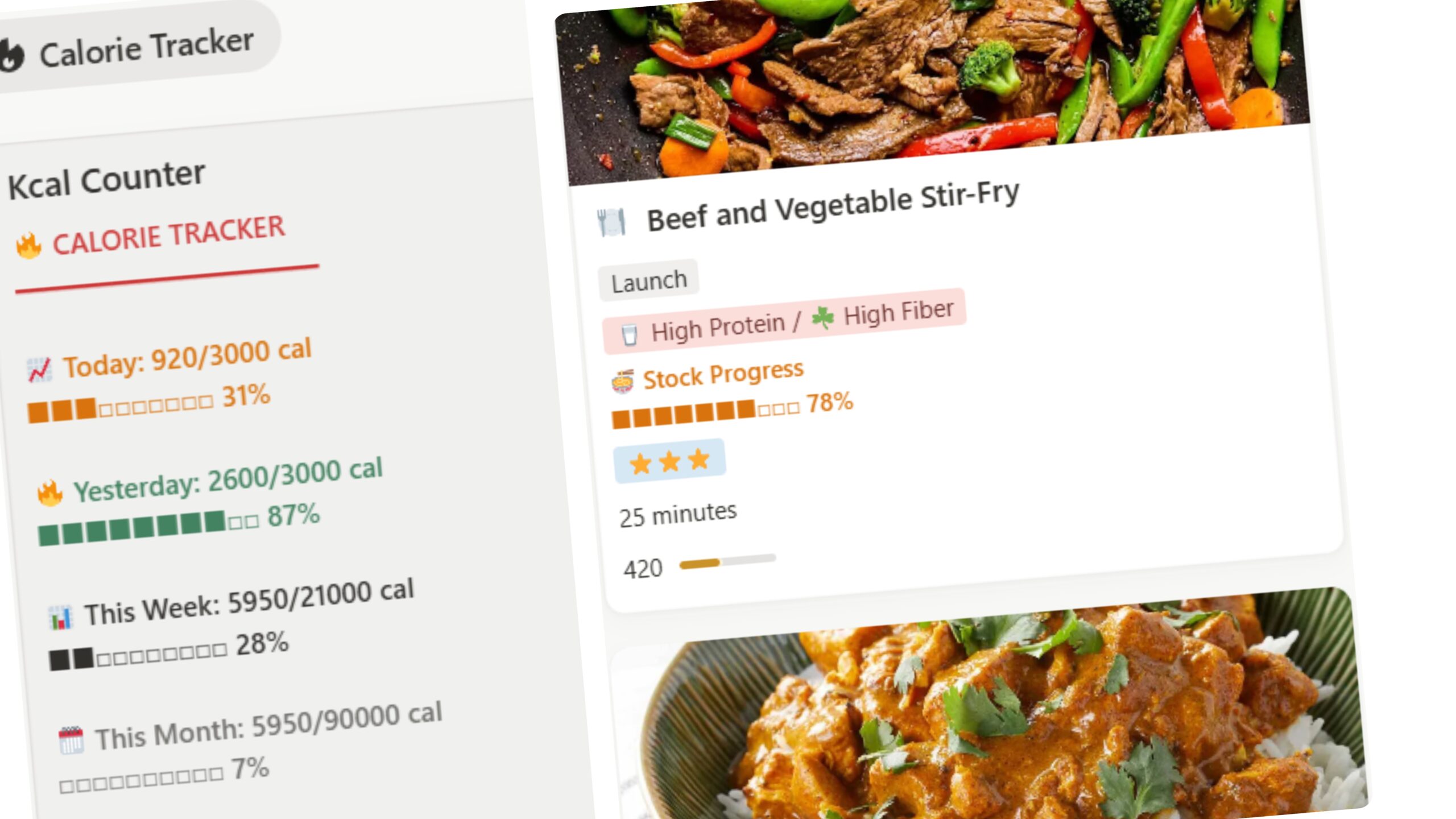 Meal planning interface with calorie tracking, recipe management, and nutritional goal monitoring featuring beef stir-fry and high-protein meals