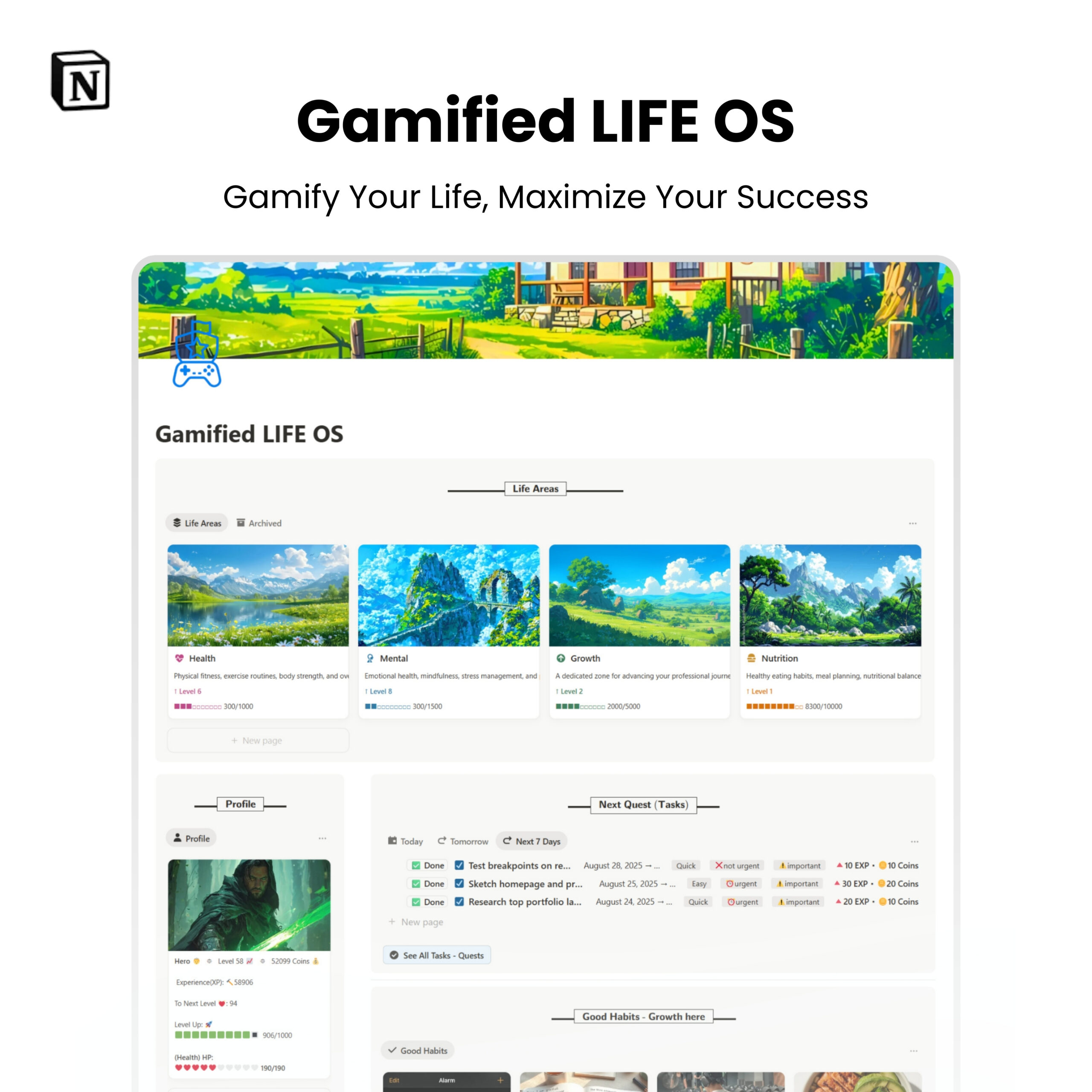 Notion dashboard showcasing Gamified Life OS life areas overview with health, mental, growth, and nutrition modules
