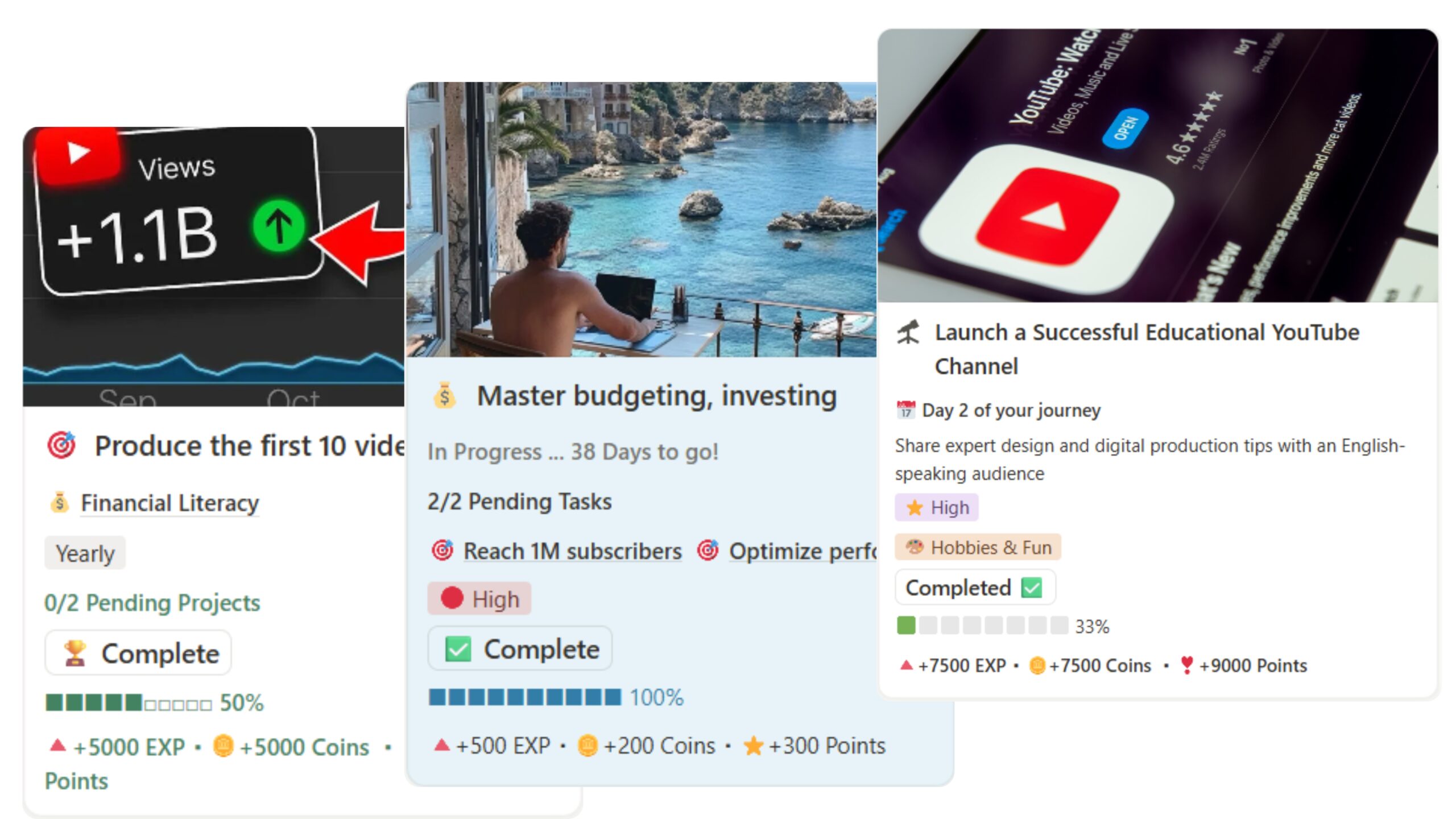 Goal achievement dashboard with YouTube channel growth, financial literacy projects, and milestone tracking with XP rewards in Notion productivity template