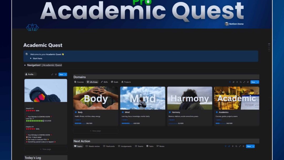 Academic Quest Notion template dashboard showing student study planner with tasks, subjects, deadlines, and progress bars in one system for better grades