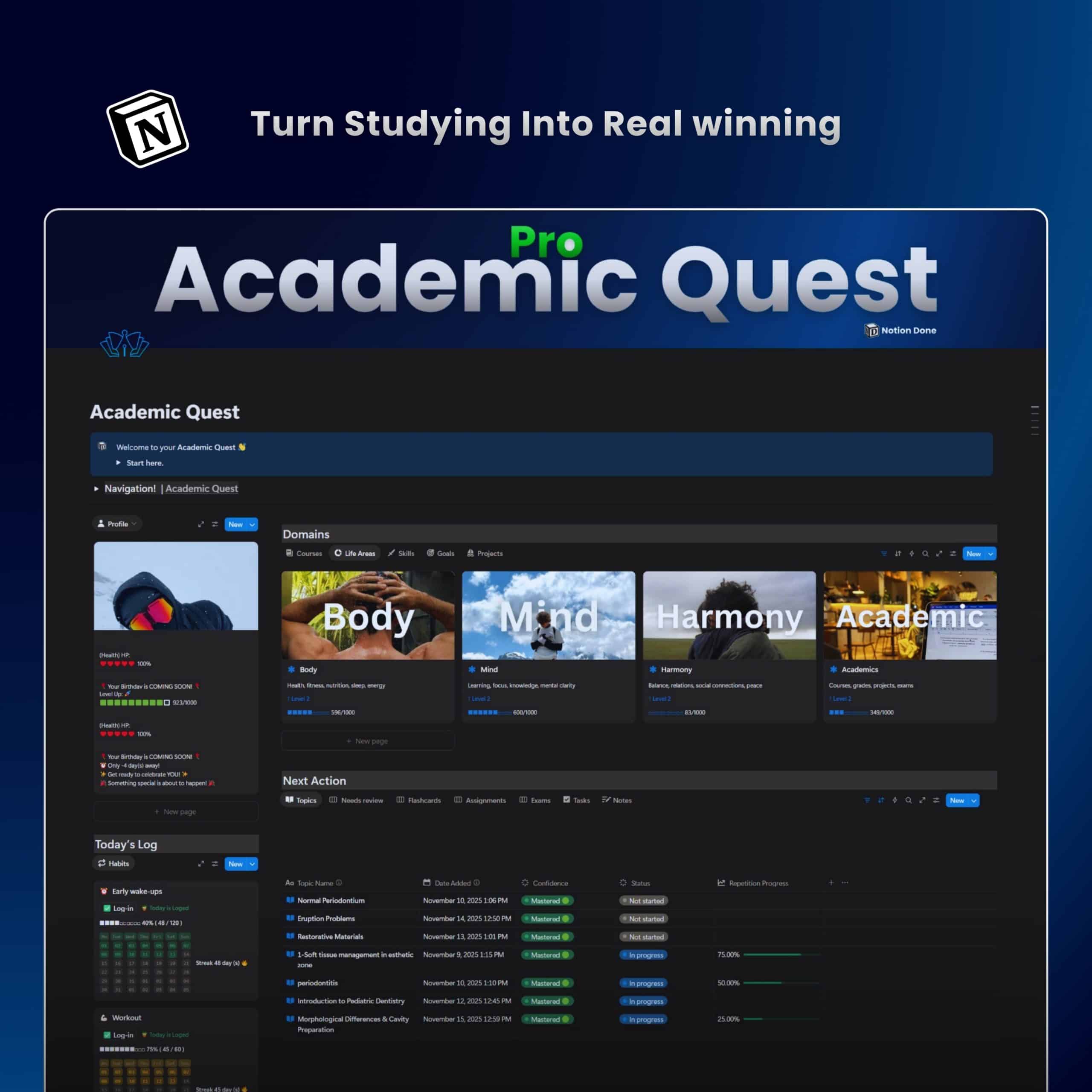 Academic Quest Notion template dashboard showing student study planner with tasks, subjects, deadlines, and progress bars in one system for better grades