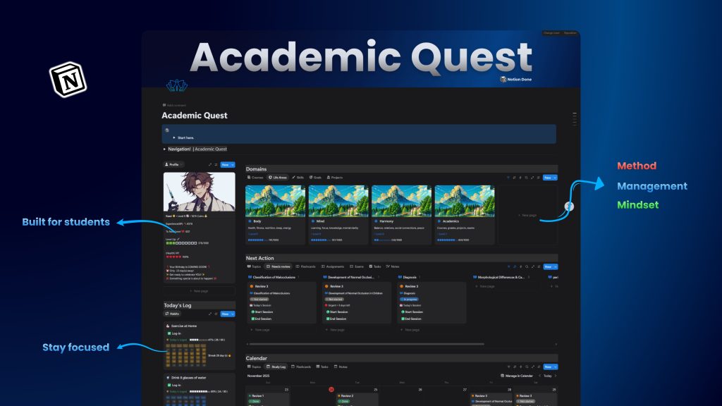 Academic Quest Notion template dashboard showing student profile with XP system, domain cards for different subjects, daily task log, and calendar view on dark theme interface