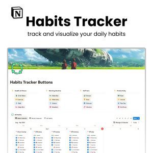 Free Habits Tracker Notion template dashboard showing daily habits, one‑click check buttons, and automatic progress charts for students