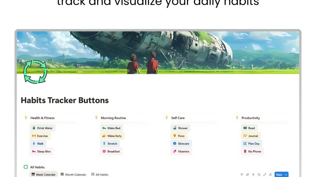 Free Habits Tracker Notion template dashboard showing daily habits, one‑click check buttons, and automatic progress charts for students