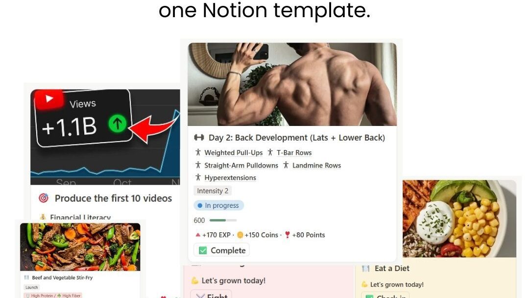 All-in-one Gamified Life OS Notion dashboard showing tasks, habits, projects, and life areas on one clean screen for students and creators