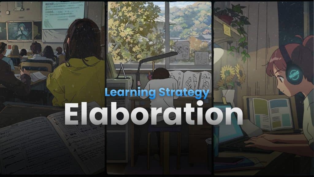Elaboration learning strategy illustration showing a student connecting ideas with mind maps, notes, and examples to understand concepts deeply