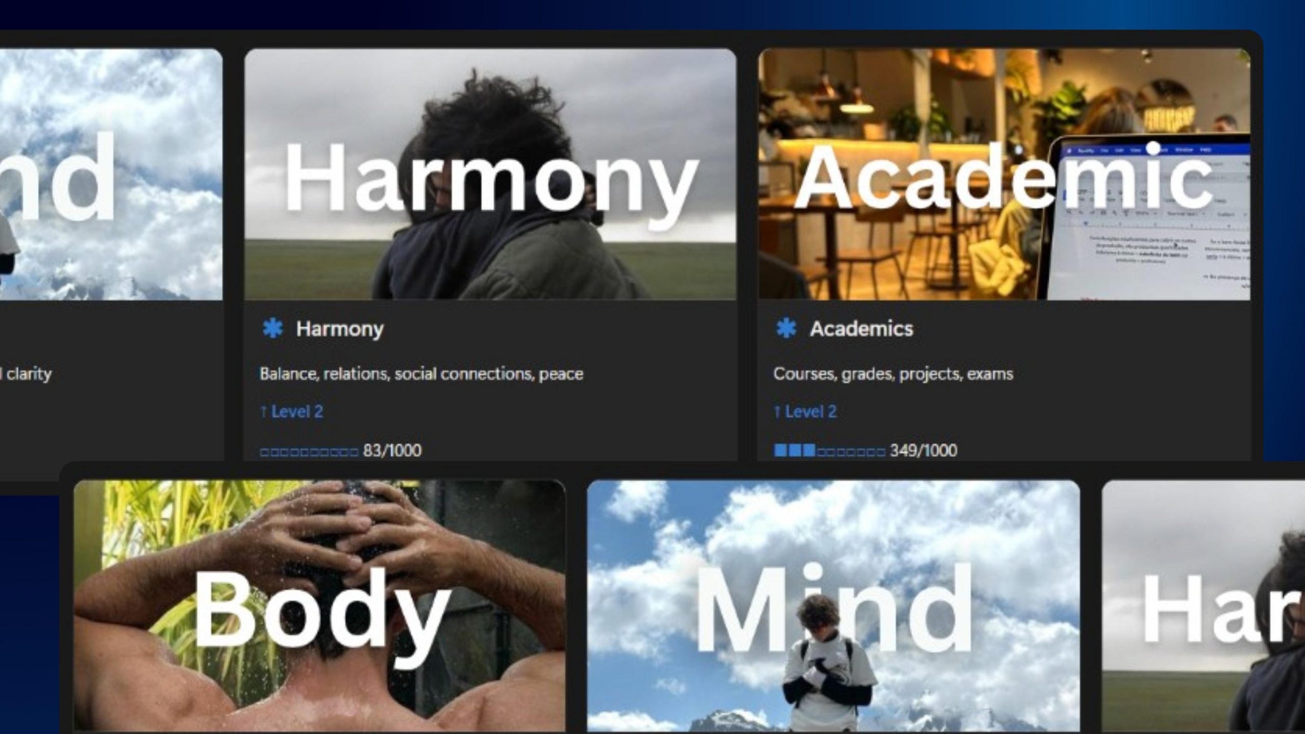 Life areas overview dashboard in Academic Quest Notion template showing different study and life categories with progress bars and status tags for students