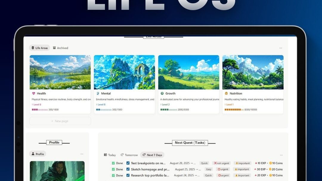 Gamified Life OS Notion template dashboard showing RPG-style life management system with quests, XP progress bars, and habit tracking widgets