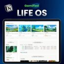 Gamified Life OS Notion template dashboard showing RPG-style life management system with quests, XP progress bars, and habit tracking widgets
