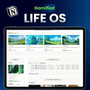 Gamified Life OS Notion template dashboard showing RPG-style life management system with quests, XP progress bars, and habit tracking widgets