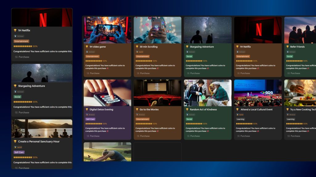 Rewards page in Academic Quest Notion template showing student reward ideas, XP goals, and motivation perks for finishing study tasks