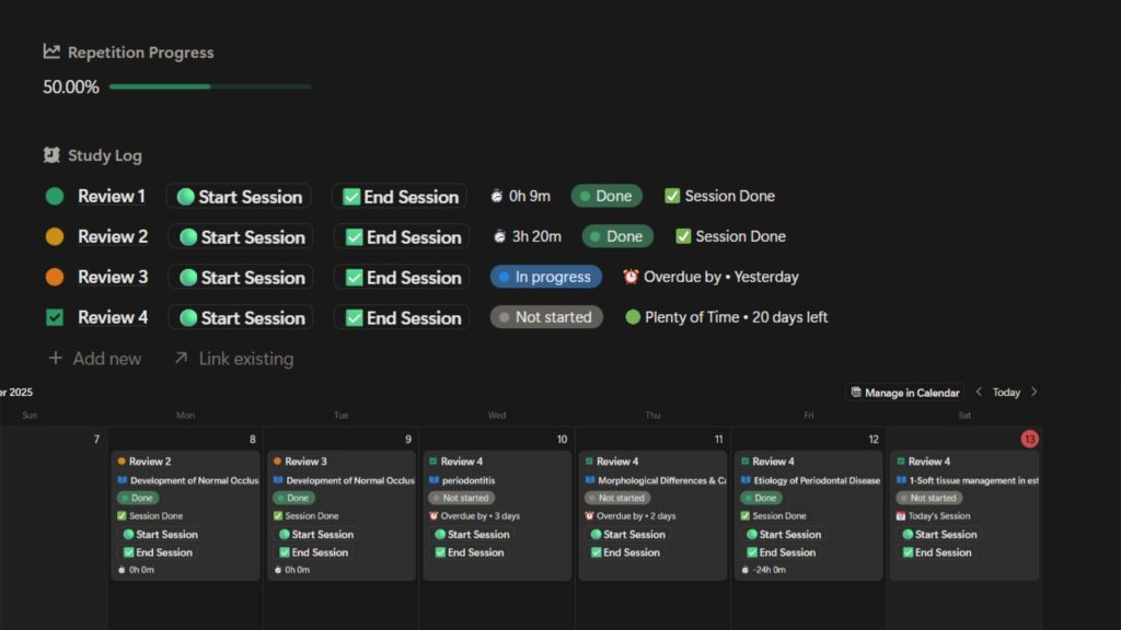 Study environment with laptop, notebook, and Notion dashboard showing a student planning tasks and study sessions in a clean workspace