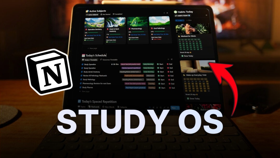 study os notion template, has the best study methods, gamification study xp system, habits tracker, goals, tasks, flashcards, spaced repetition
