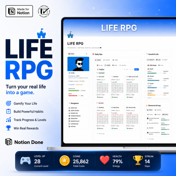 Life RPG gamified Notion dashboard with XP bar, level, and coins
