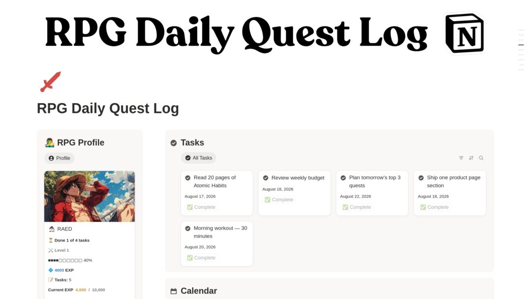 RPG Daily Quest Log Notion Template | Gamified Task Planner, Daily Quest Tracker & Reward System