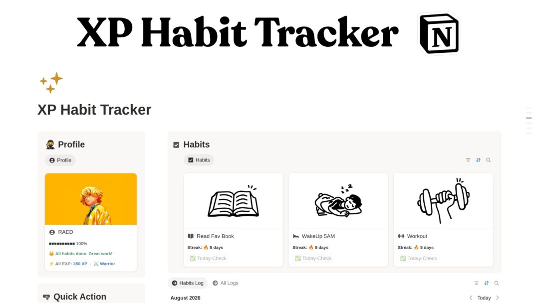 XP Habits Tracker | Gamified Notion Habit Tracker for Daily Routines, Goals, Streaks & Self-Improvement